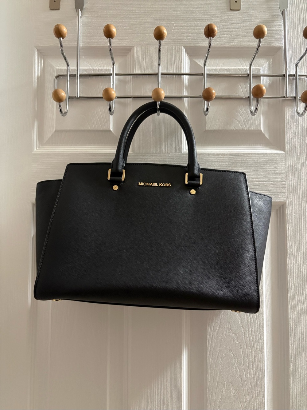 Michael Kors Black Leather Satchel with Gold Hardware